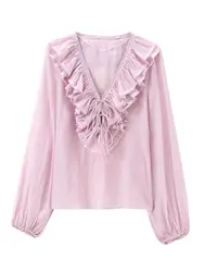 XNWMNZ 2024 Women's Fashion Ruffle Blouse Women Retro V-neck Adjustable Drawstring Tie Long Sleeve Female Top