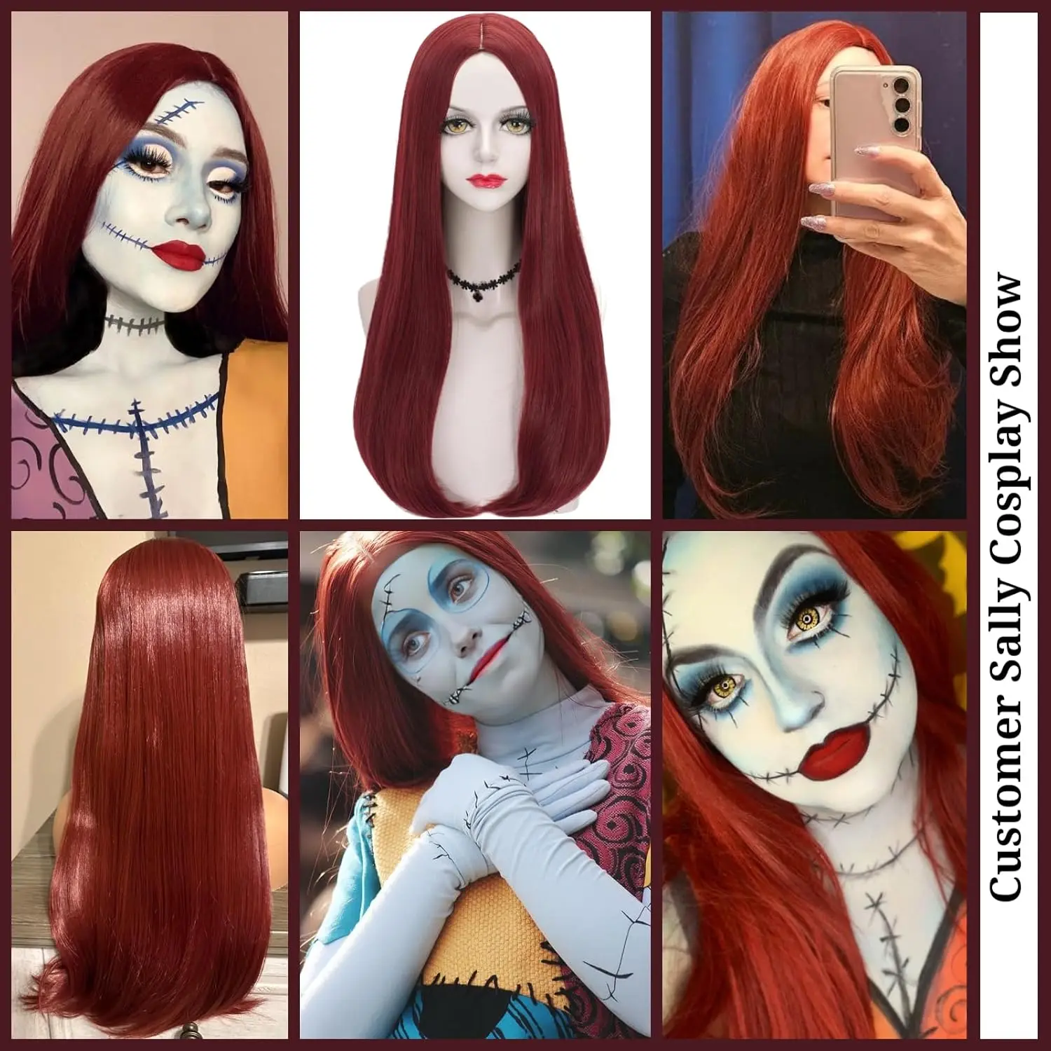 Sally Sally Costume Wigs for Women Long Straight Wine Red Wigs Sally Dark Red Wigs Synthetic Fiber Hair for Sally Costumes