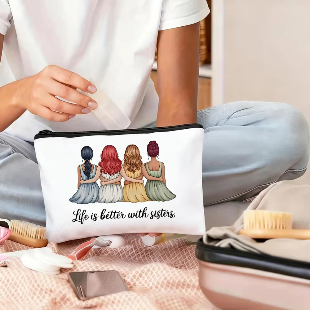 Life Is Better with Sisters Sisterly Friendship Theme Makeup Bag Toiletry Bag Zippered Portable Pencil Case Storage Bag, Storage Makeup Bag