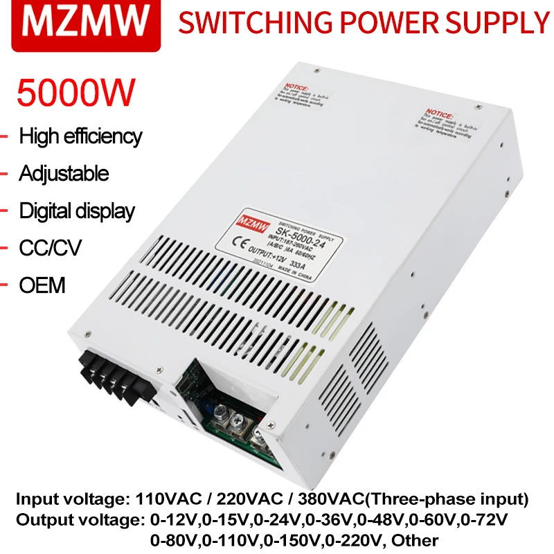 

MZMW 5000W Switching Power Supply CC/CV 110V/220V/380V AC/DC 0-220V Adjustable Transformer Converter LED CNC Lab Industrial SMPS