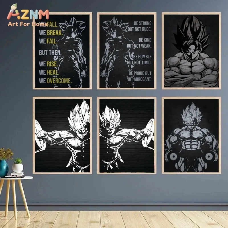 AZNM Dragon Ball Goku Gym Motivational Quote Unframed Canvas Print Black White Silhouette Anime Fitness Wall Art Poster