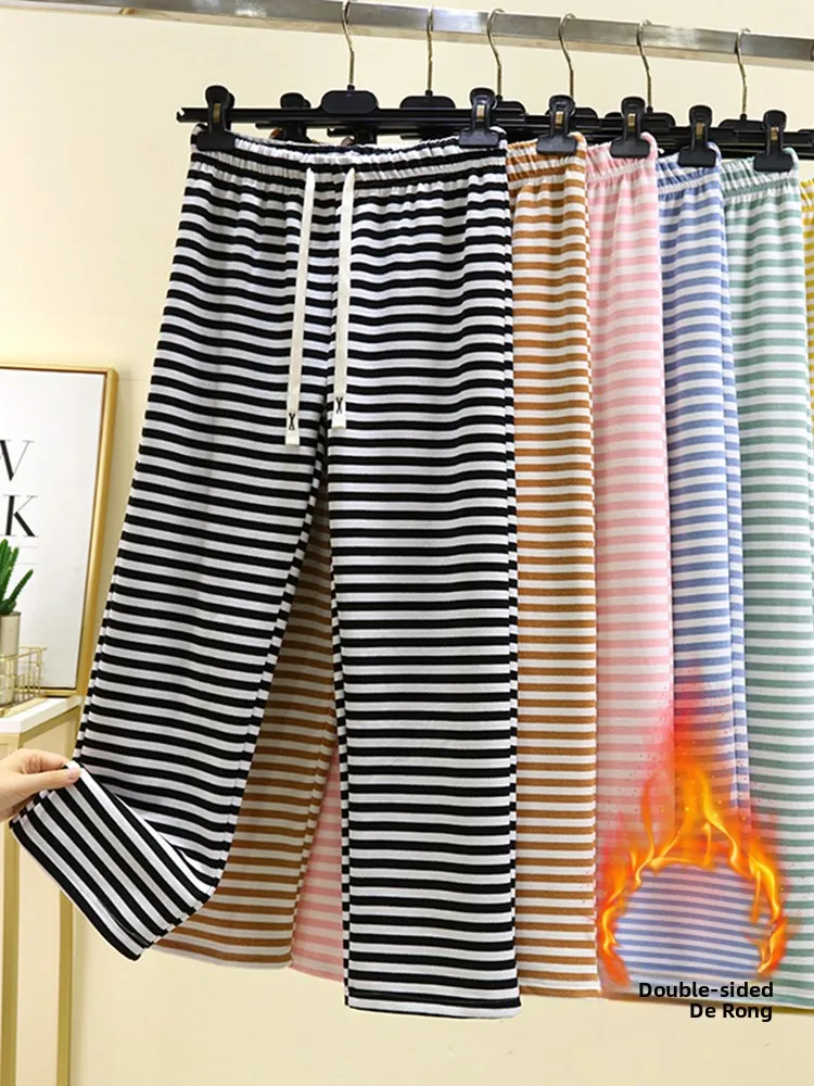 

Women's plus Size Comfortable Thickened Winter Pajama Pants High Waist Wide Leg Home Pants Stripe Pattern Fleece Lined Sleepwear