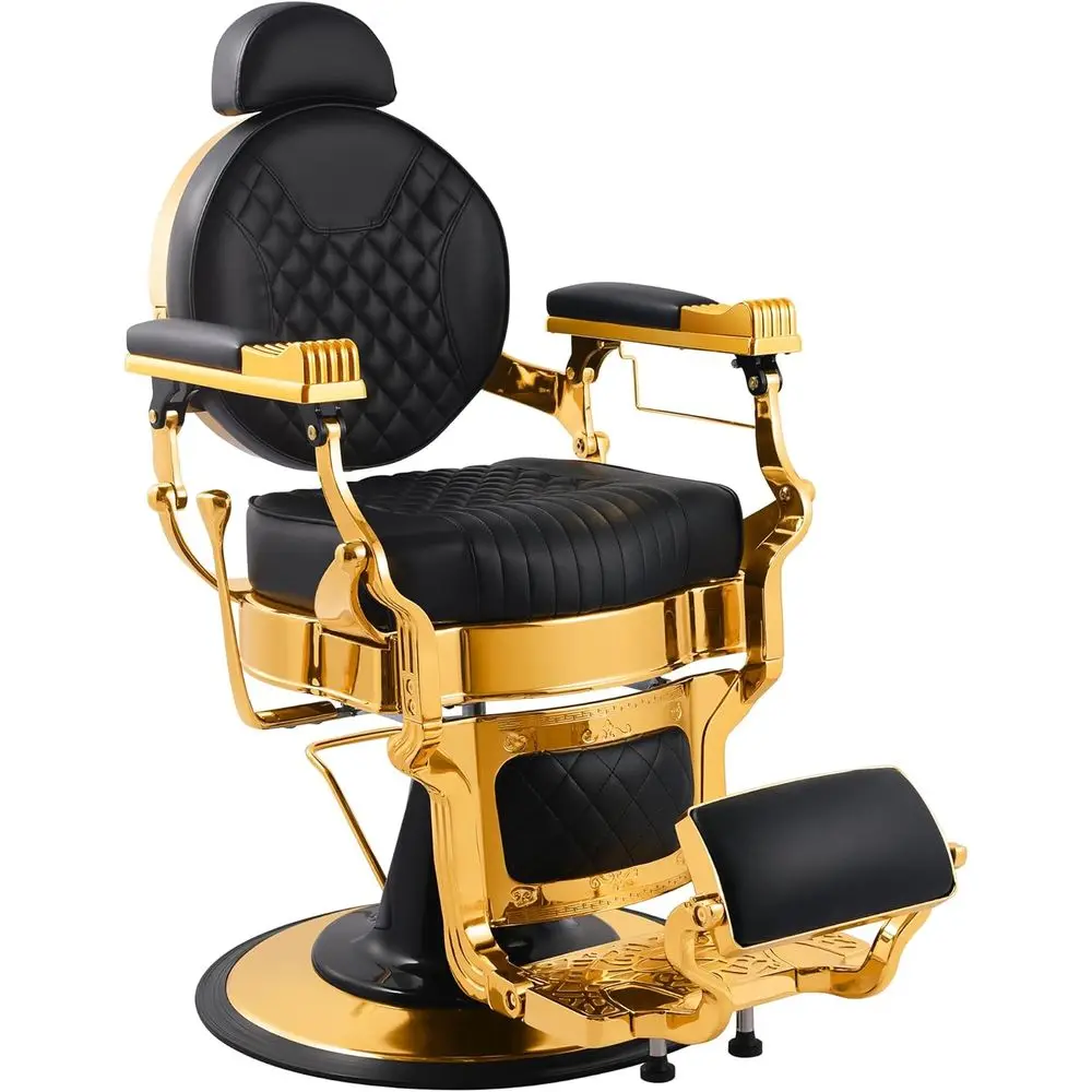 

Vintage Barber Chair Reclining Black Gold,Heavy-Duty Barbershop Chair,Retro Styling Hair Sn Chair, 550 lbs acity