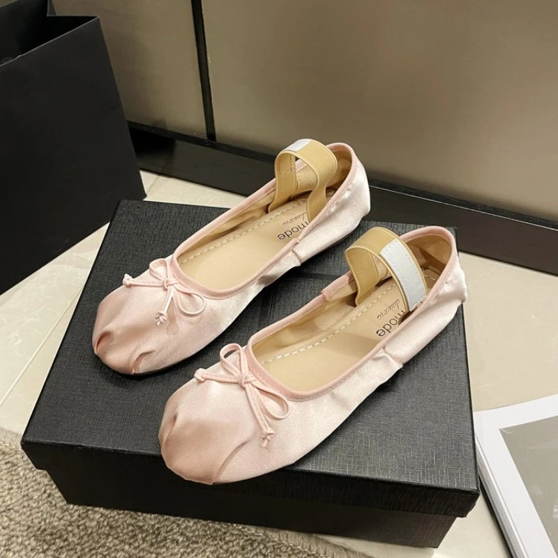 2024 Luxury Shoes Spring Bow Ballet Flat Shoes Female Temperament Mary Jane Ballerina Shallow Mouth Single Shoes