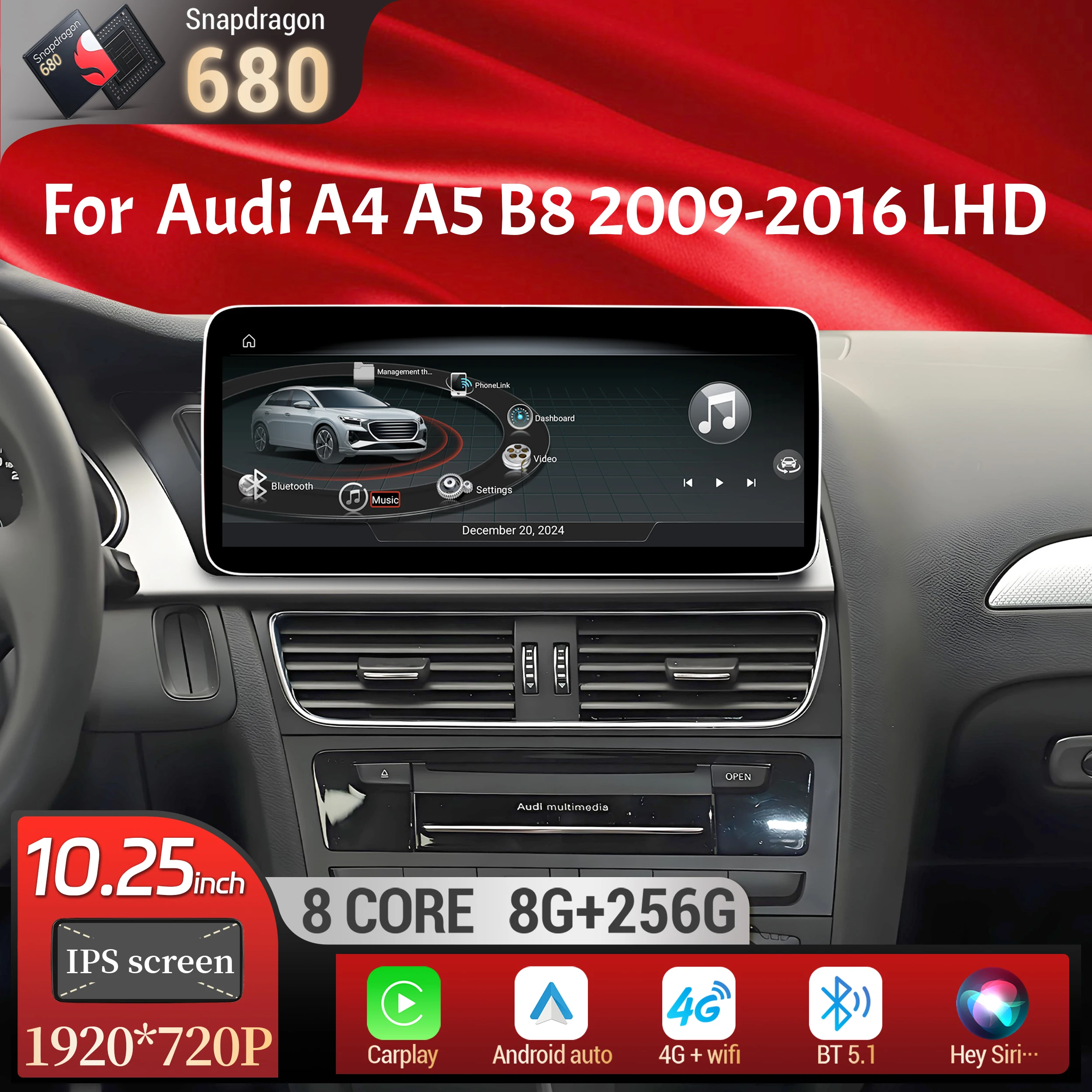 

10.25 inch Left Hand Drive Android 14 For Audi A4 A5 B8 2009-2016 Car Radio Wireless BT Carplay Qualcomm Snapdragon 680 Screen