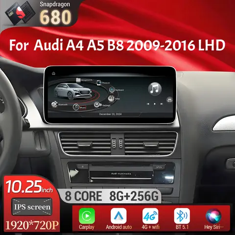 10.25인치 좌핸들용 안드로이드 13 아우디 A4 A5 B8 2009-2016용 카 라디오 무선 블루투스 카플레이 퀄컴 스냅드래곤 680 스크린