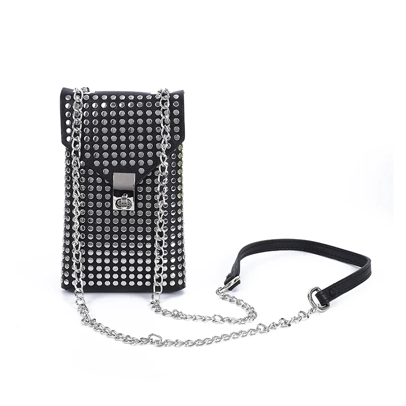 Mini damskie torby Crossbody nity z klapką torba na ramię z łańcuszkiem markowe torebki i torebki damskie Retro Shopper torba na telefon portfele — zdjęcie 2