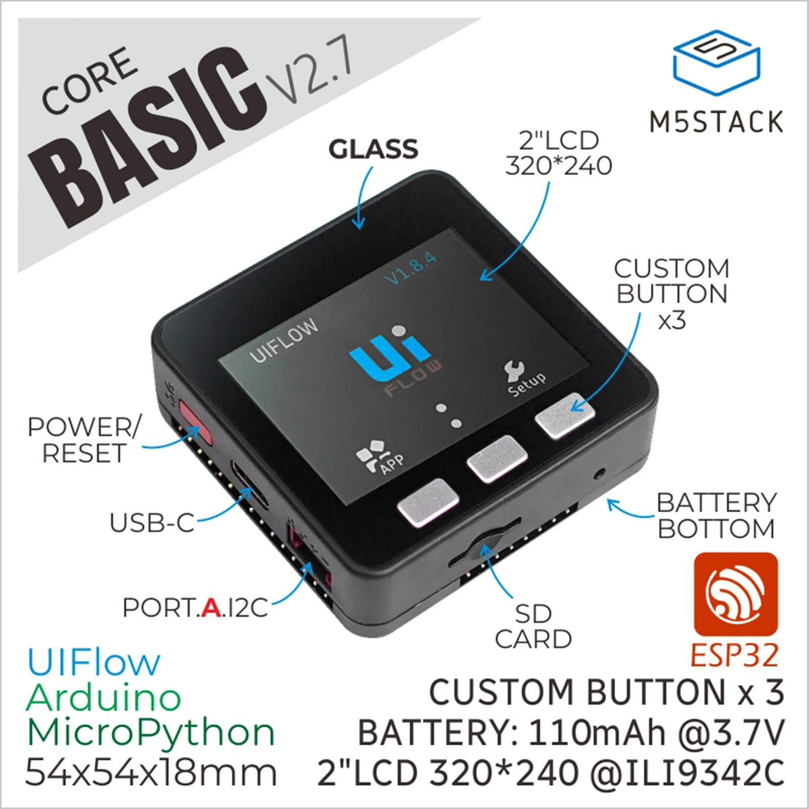 M5Stack Basic Core ESP32 IoT開発キット V2.7 2.0 IPSスクリーン 16MBフラッシュメモリ WiFi
