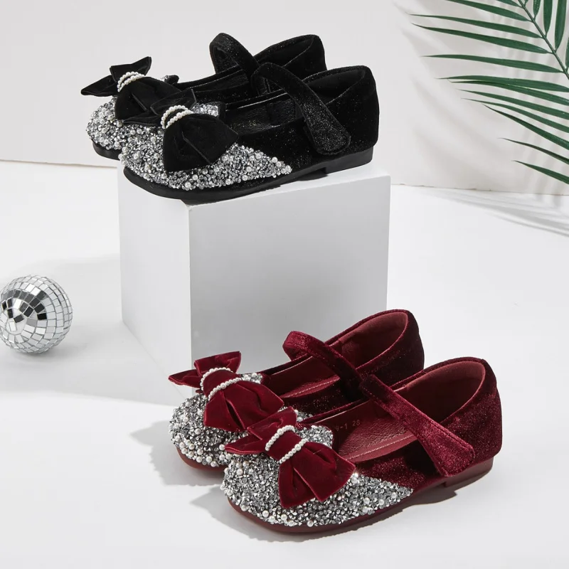 2025Girls' Spring and Autumn New Suede Soft Bottom Bowknot Shiny Princess Shoes