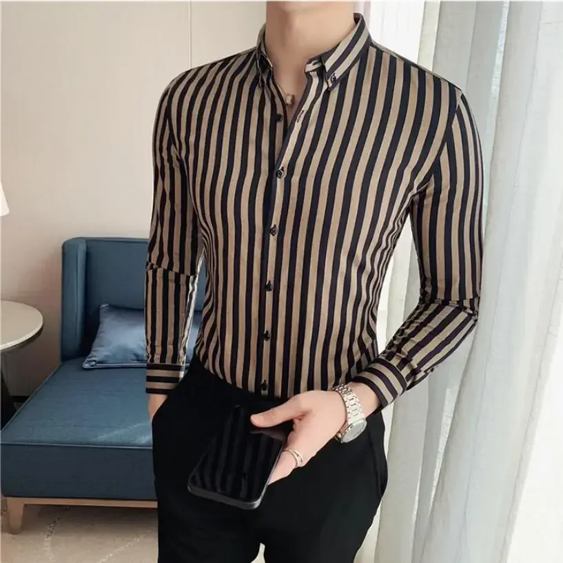 2023 Masculina Spring Shirts Men Dress Vertical Stripe Streetwear Slim Men Shirt Casual Long Sleeve Chemise Homme Tuxedo Shirt