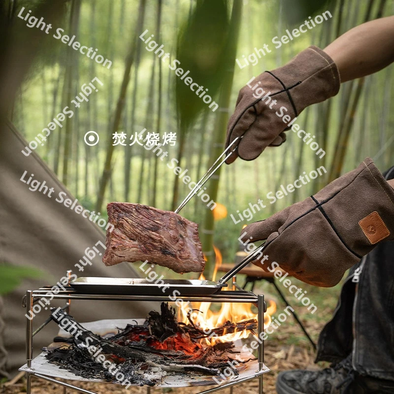 

Outdoor fire gloves Q28 flame retardant heat insulation cowhide anti-scalding double-layer split camping gloves thickened
