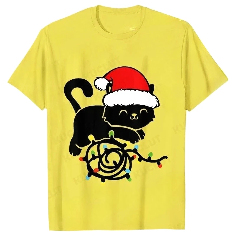 2026 الموضة العصرية تي شيرت قصير الأكمام تيز للنساء مضحك أضواء عيد الميلاد القط تي شيرت الإناث الكورية ملابس الشارع الشهير غير رسمية