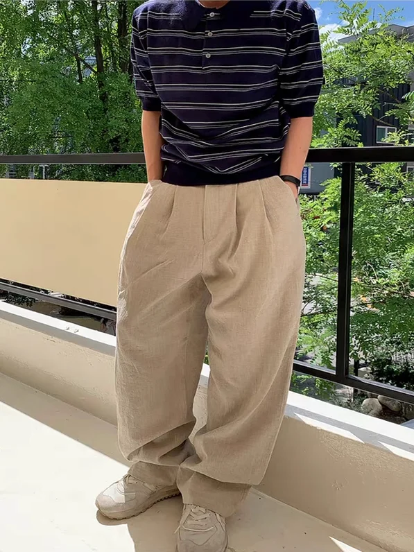

Korean Sle Cotton Linen Men's Casual Trousers Pleated Loose Wide Leg Long Pants Semi Elastic Button Casual Suit Pants