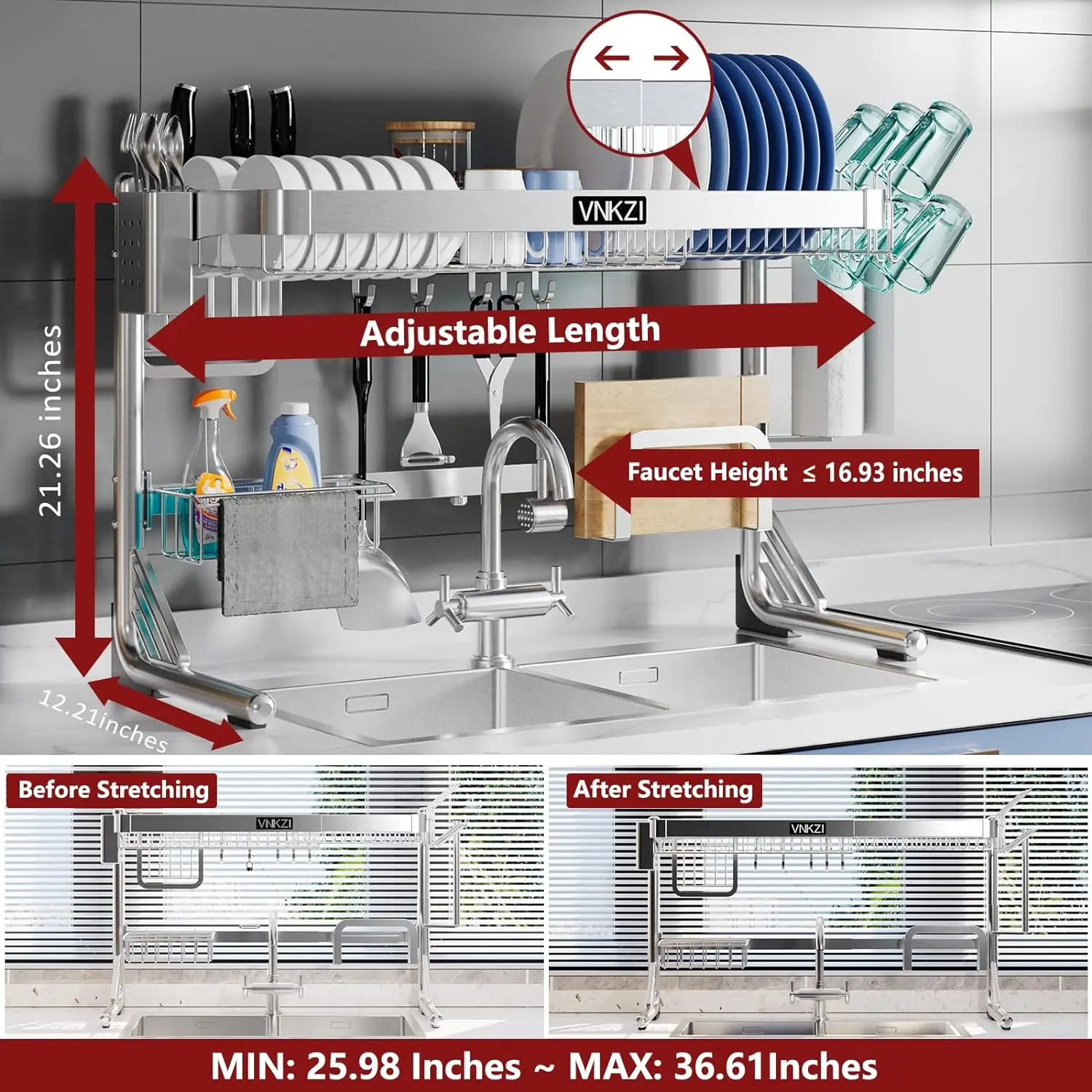 Over Sink Dish Drainer Drying Rack,2Tier Full Stainless Steel Storage Adjustable Length Kitchen Rack