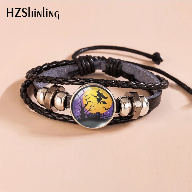 Happy Halloween Bat Moon Ghost House Snap Bracelet Glass Cabochon Leather Bracelets Lace up Adjustable Button Bracelet for Men
