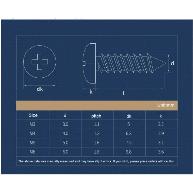 5~30pcs  Length：6~60mm M3 M4 M5 M6 Carbon Steel Hardened Blue Zinc Phillips Round Head Self-tapping Screws