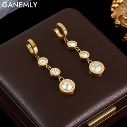 GANEMLY 316L Stainless Steel Luxury White Zirconia Drop Earrings For Women Fashion New Party Gift Ear Dangle Waterproof Jewelry