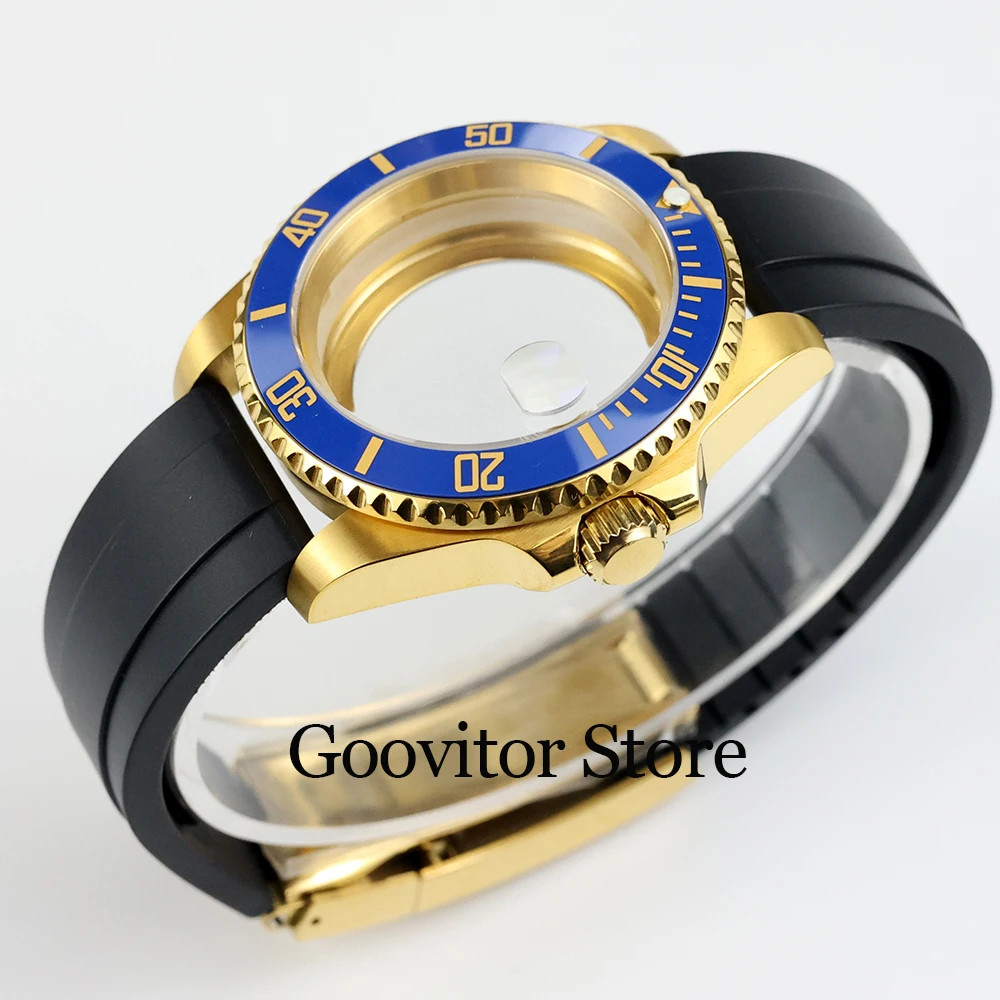 

40mm gold Men's Watch Cases With Rubber Strap sapphire glass For sub gmt yacht nh34 nh35 nh36 movement waterproof 28.5mm Dial