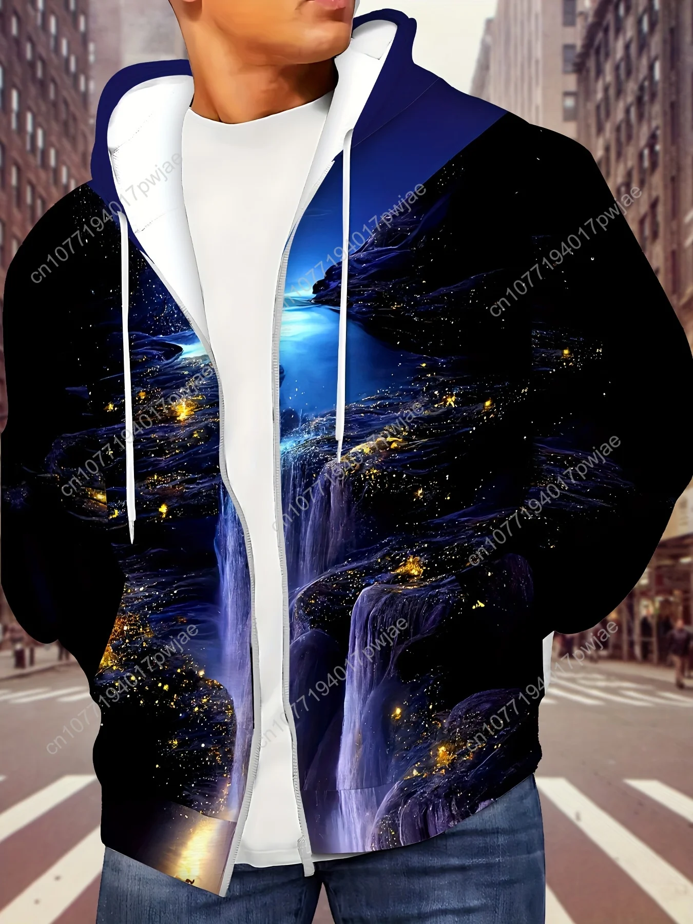 Men'S Dreamy River Print Hoodie - Long Sleeve Zip-Up with Drawstring, Pockets, Casual Outdoor Jacket for Fall & Winter, Autumn W