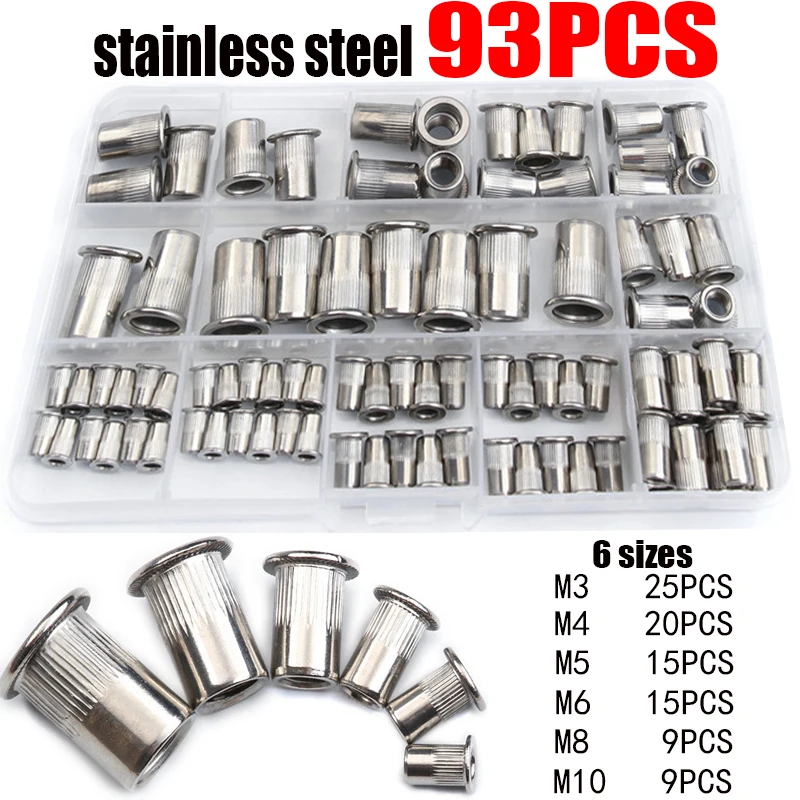 

93Pcs M3 M4 M5 M6 M8 M10 Flat Head Stainless Steel Rivet Nuts Set Insert Reveting Multi Size Stainless Steel Rivet Nuts Set