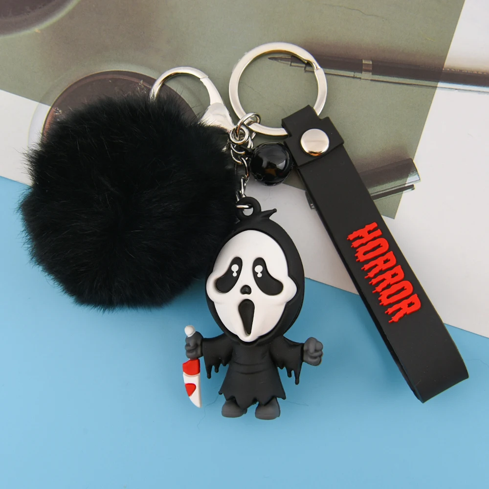 1pcs Creepy-Cute Horror Ghost Keychains With Black Fur Ball & Gothic Charm - Spooky Kawaii Keyring For Halloween Accessories - view 5