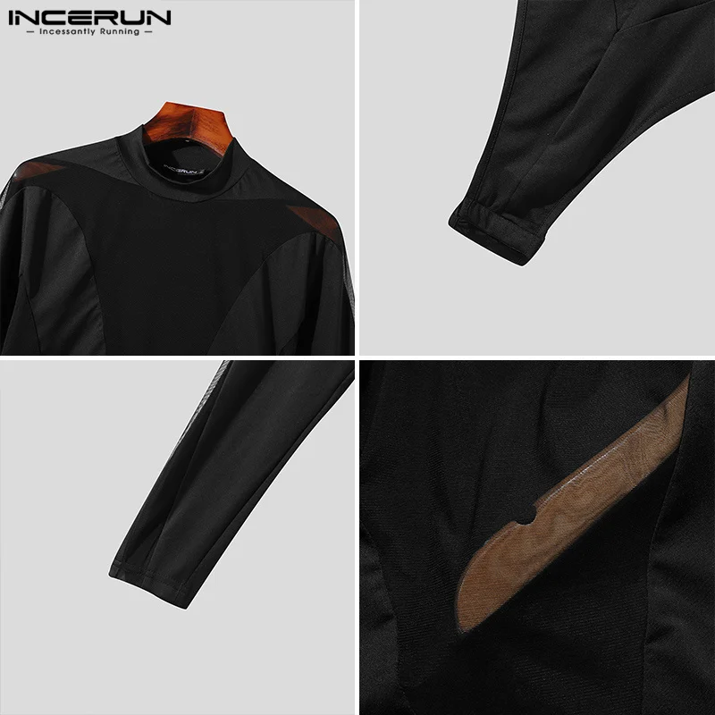 INCERUN-Mono de retales de malla para hombre, ropa de casa Sexy, cuello redondo, informal, ajustado, manga larga, Delgado, triangular, S-5XL, 2024