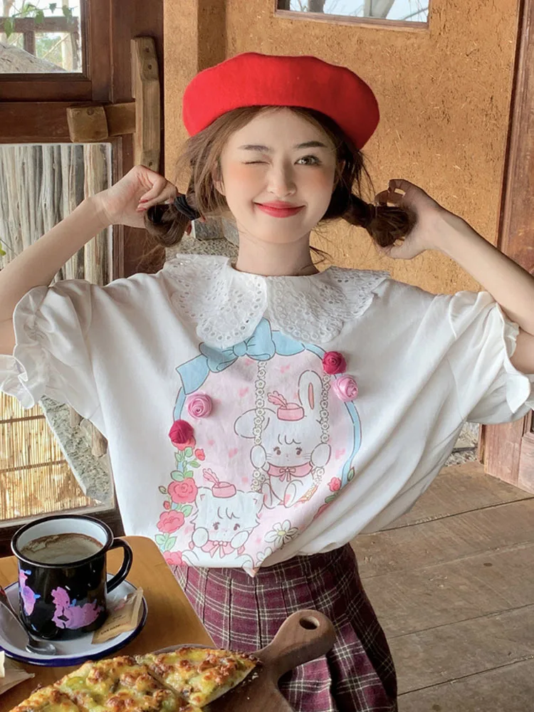 Japanese Summer Sweet Women\'s T-Shirt Lace Peter Pan Collar Cartoon Rabbit Kawaii Puff Sleeve Basic Casual Student Pullover Tee