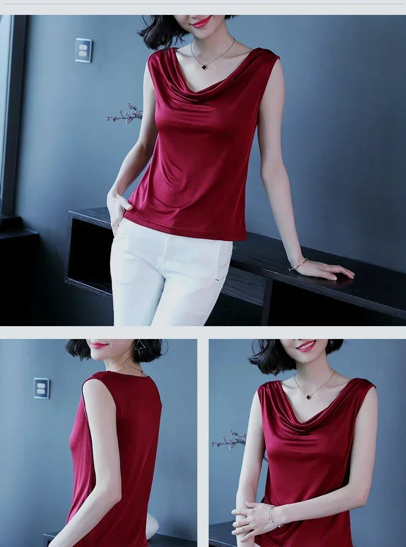 Elegant Cowl Neck Satin Tank Tops Women Fashion Sleeveless Blouses Casual Solid Color Party Tunic Tops 2024 Summer Blusas