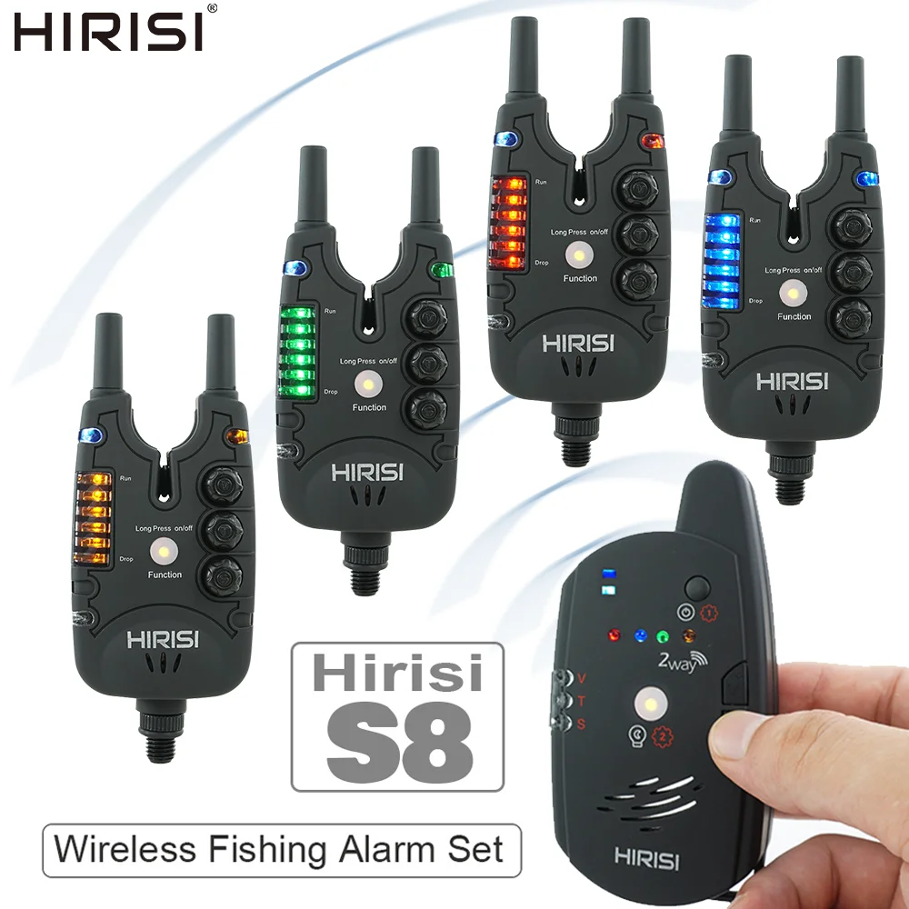 

Hirisi S8 Carp Fishing Wireless Bite Alarm Set with 2-Way Remote Adjustable Volume/Tone/Sensitivity 4 Color LED Indicator