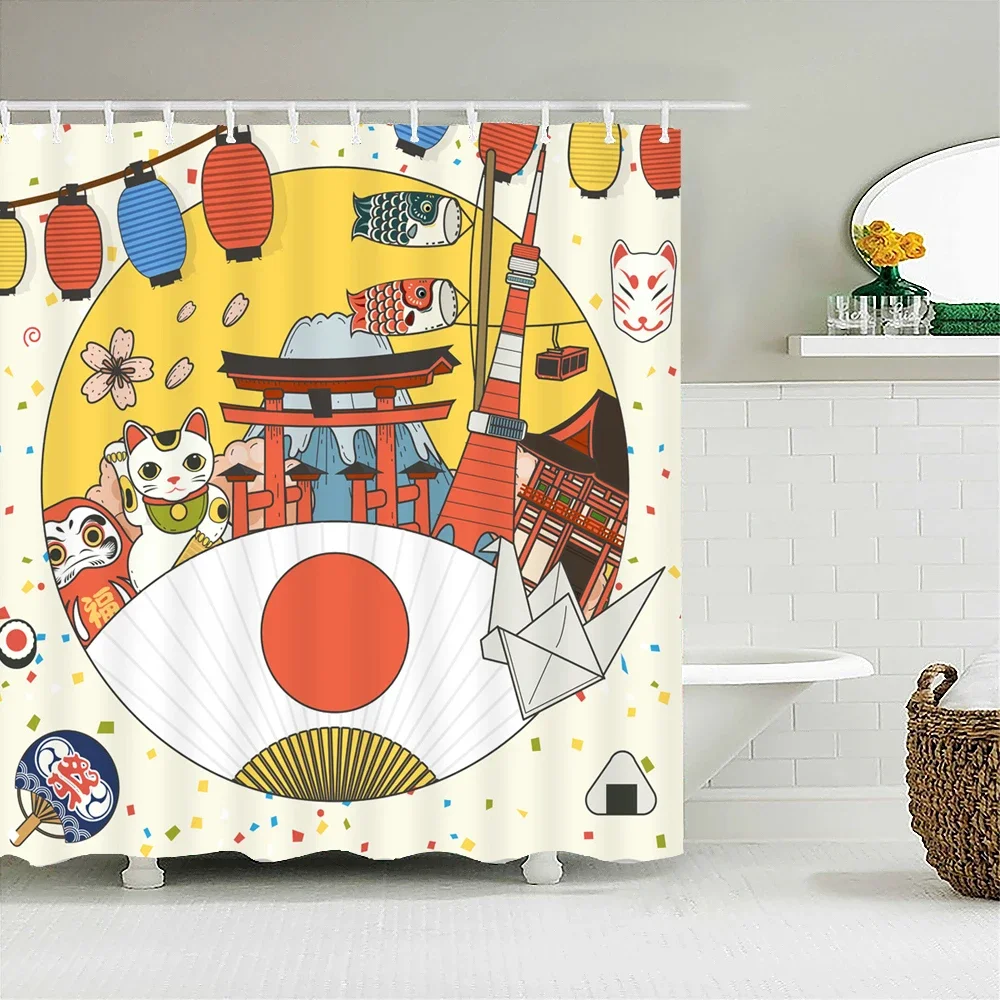 

Занавеска для душа в японском стиле с принтом «Счастливый кот и карп», пейзажный дизайн, для ванной комнаты, с крючками