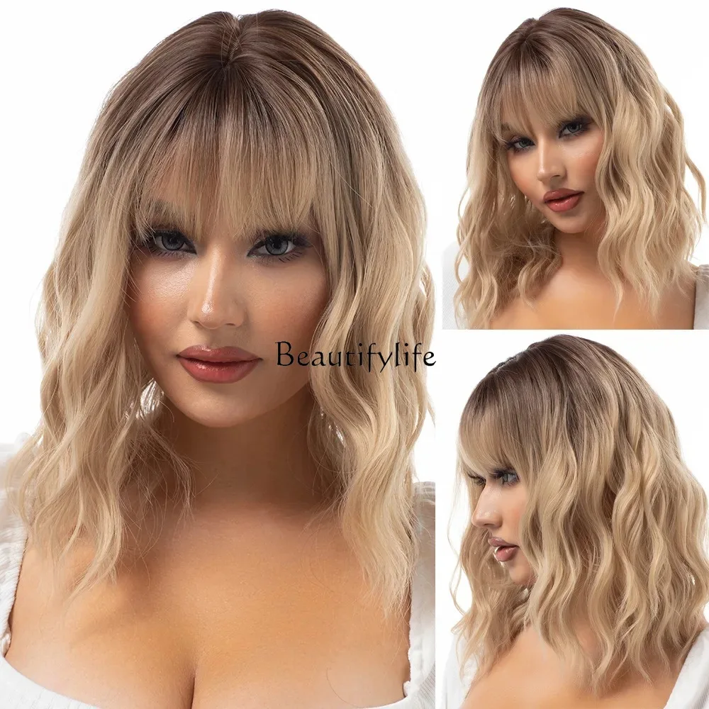 

16 inch short wave gradual change blonde wig, synthetic curls