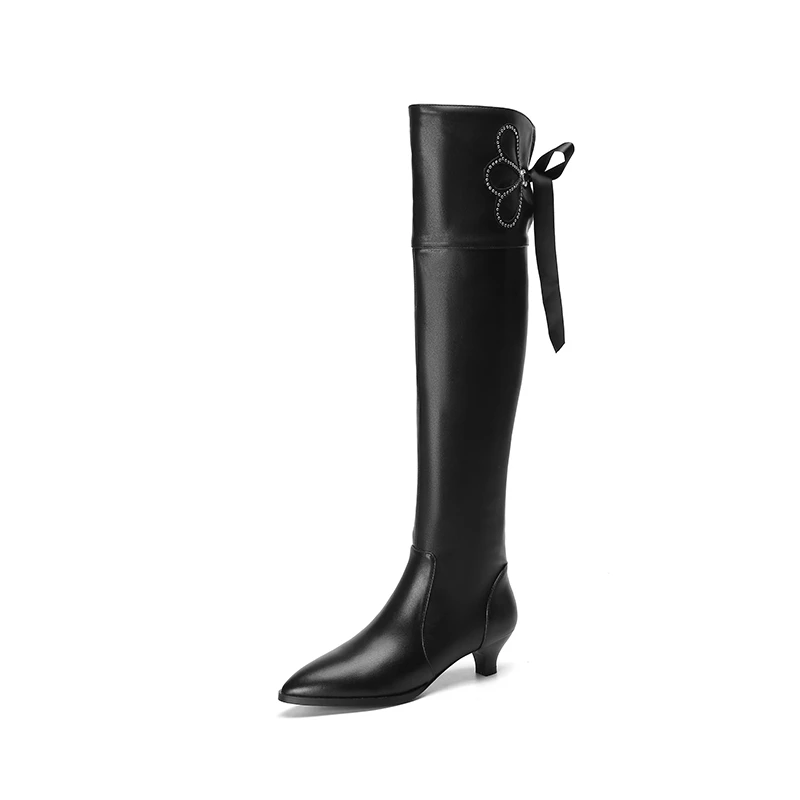 Women's new autumn pointy leather cowhide diamond encrusted flower lace up zippered Knee Boots medium heel oversize Knight boots