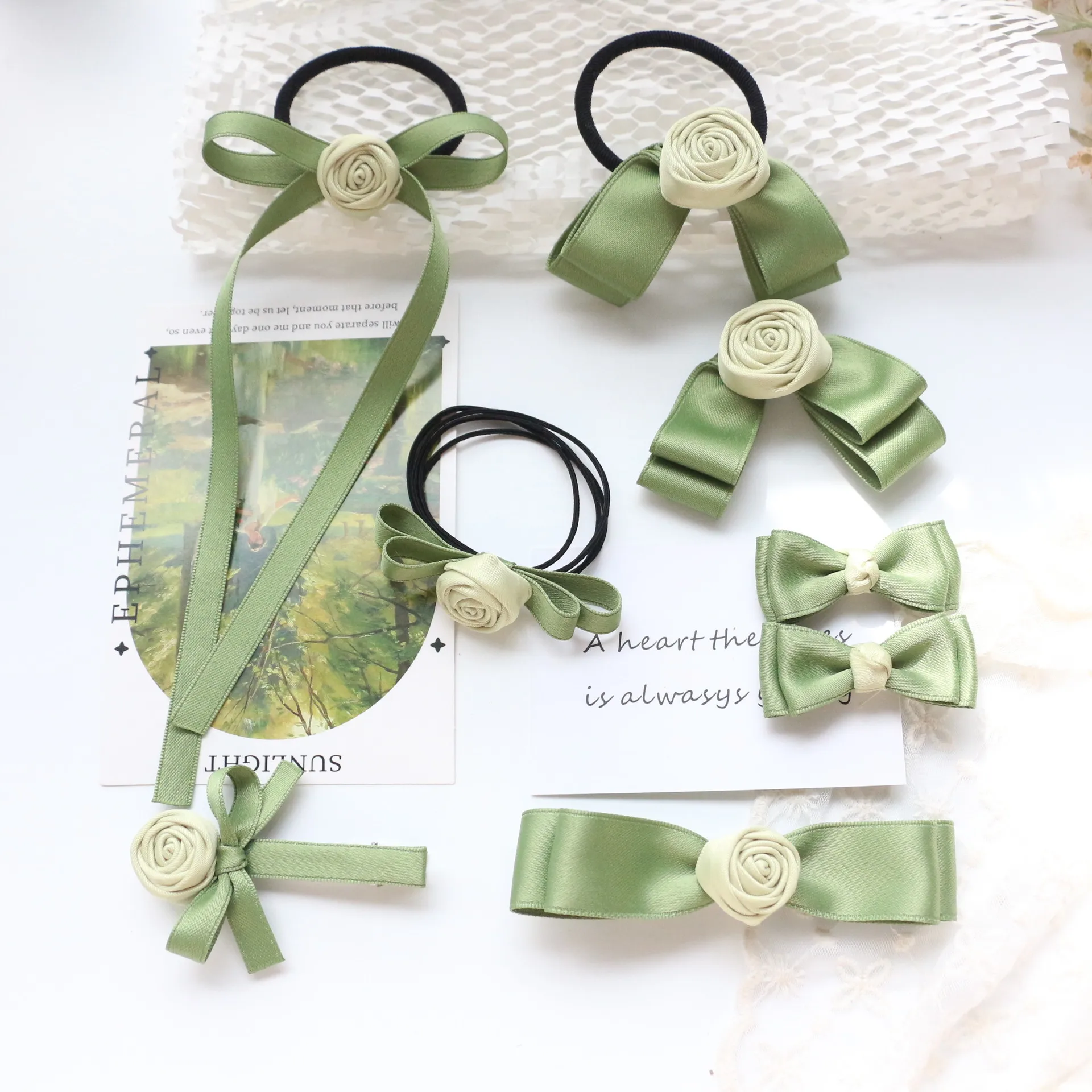 

8 шт., заколка для волос с атласным шелковым бантом для девочек, аксессуары для волос, лента с цветком зеленой розы, банты для волос, повязка для волос, галстук-бабочка для маленьких женщин