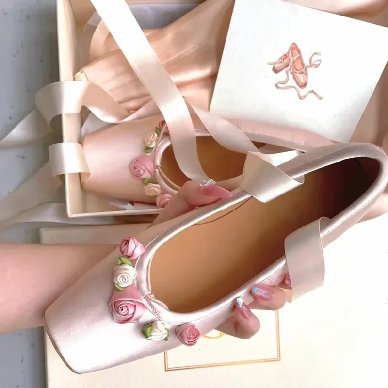 2025 NEW Classic Silk Ballet Shoes Ribbon Lace Up Ballet Shoes Women Square Toe Rose Flower Elegant Valentine Flats Pink Apricot