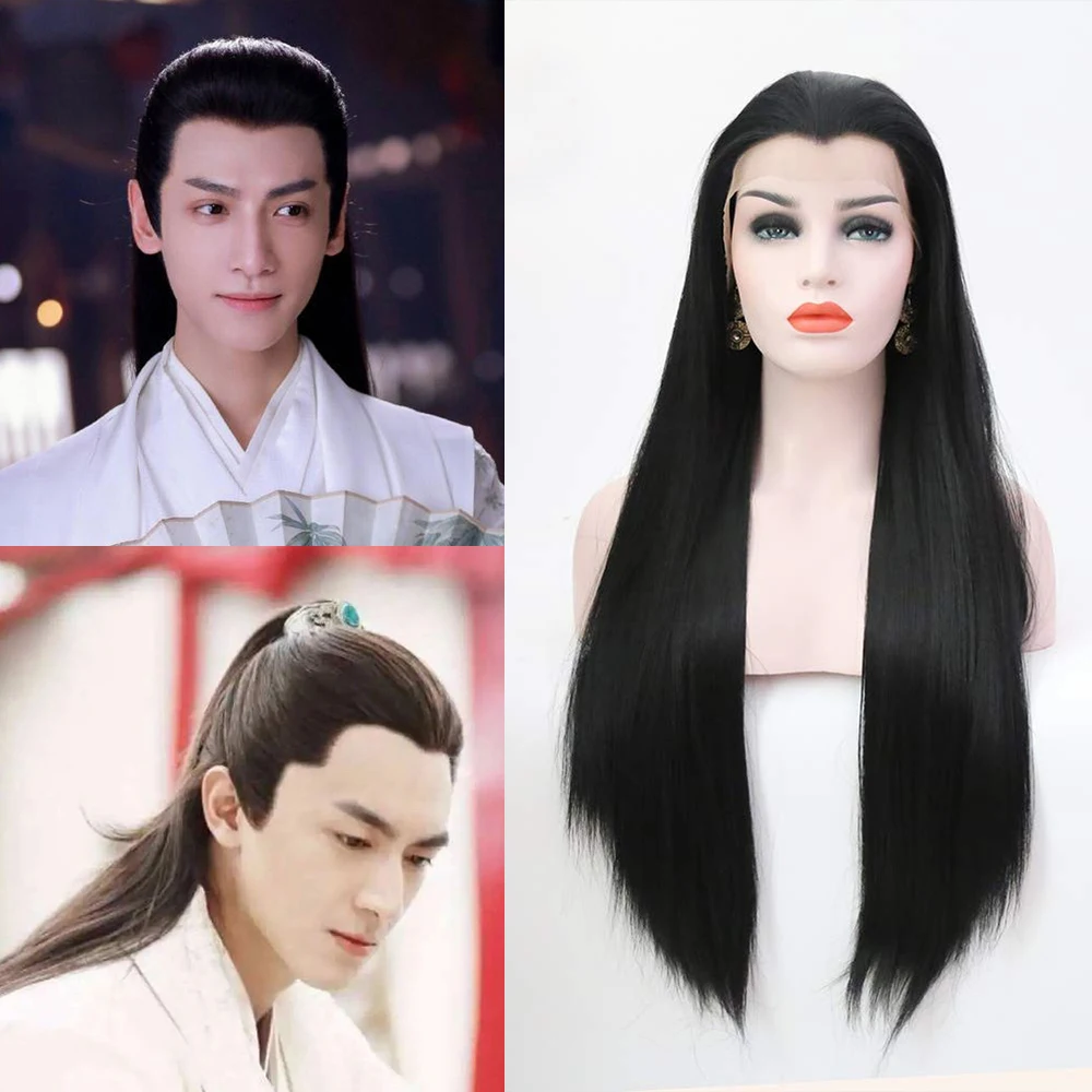 FANXITION Free Part Long Synthetic Black Wig Silky Straight Lace Front Wigs White Lace Frontal Cosplay Hair Wig Heat Fiber Hair