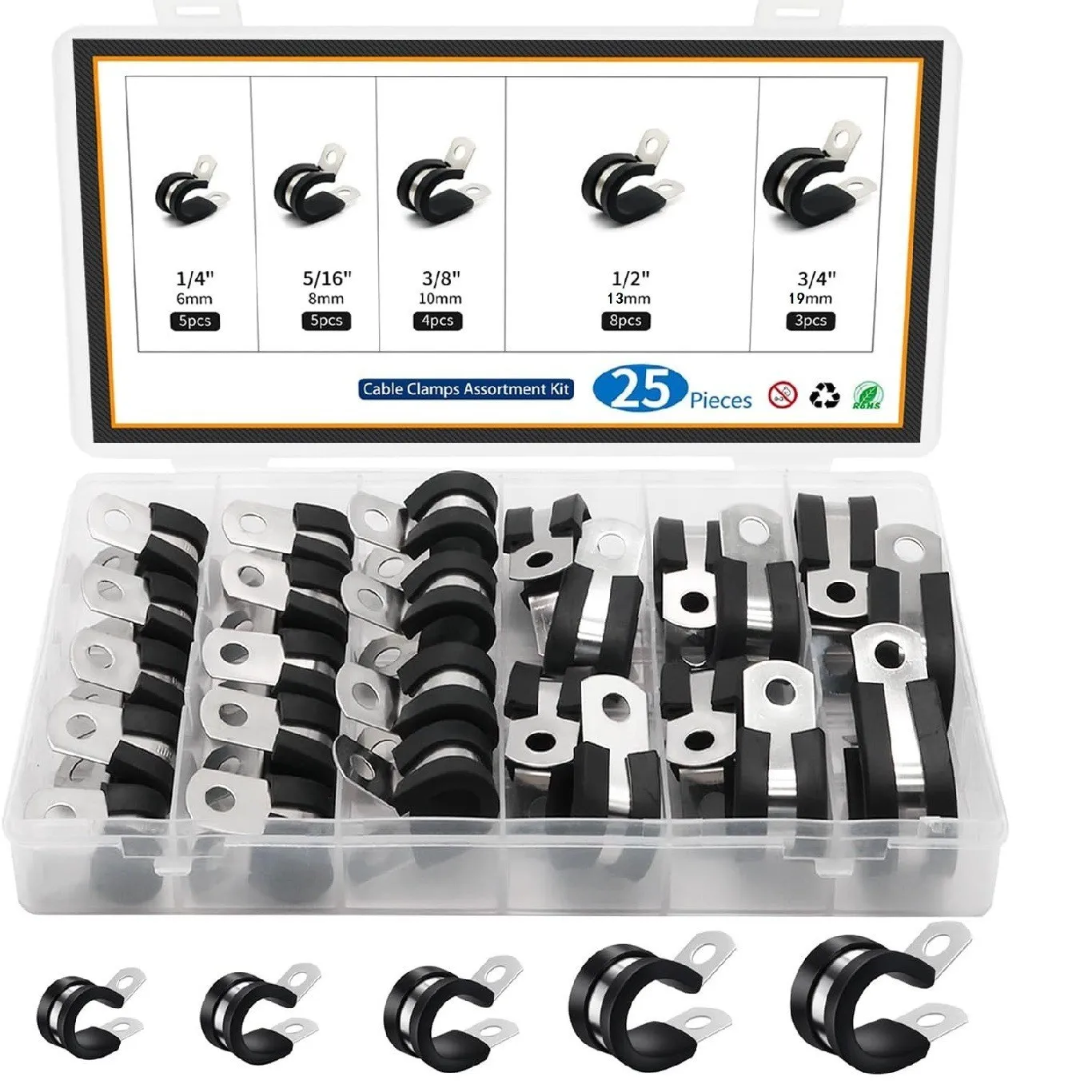 25Pcs 304 Stainless Steel Rubber Pad Pipe Clamp Cable Clamp Combination Set