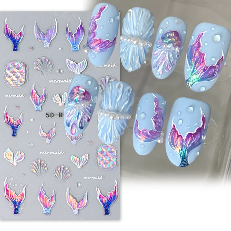 Blue Mermaid Tail 5D Embossed Nail Stickers Jellyfish Shellfish Dreamy Ocean Animal World Design DIY Summer Sea Manicure Decor