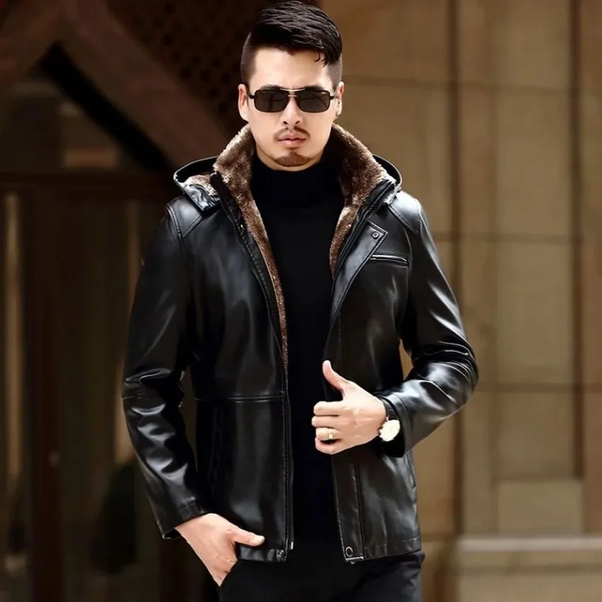 2026 Winter New Fur One Coats Men's Business Leisure Leather Jacket Thick Men Fur Clothing Sheepskin Hooded Jackets Detachable