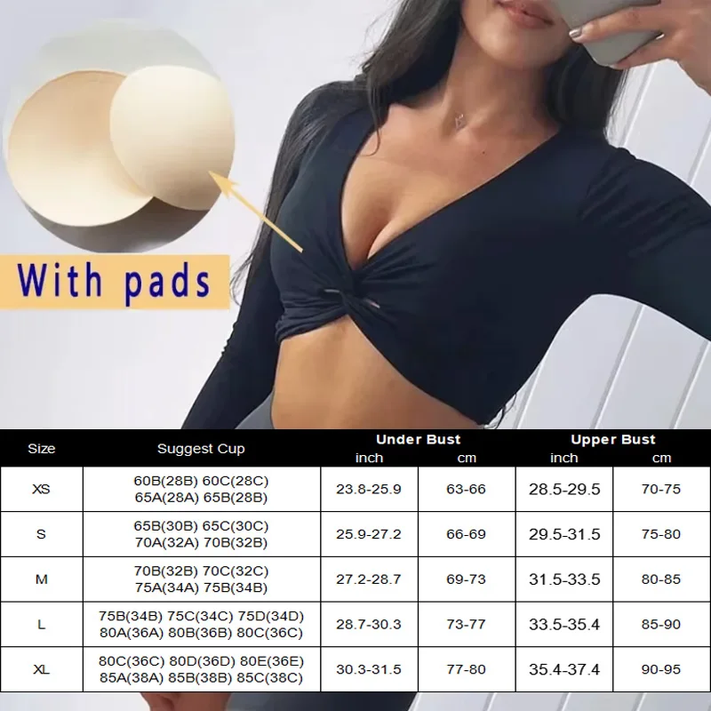 PofyBofy Twisted Knot Deep V Neck Padded Crop Slim Tight T Shirt Sports Bra Women Long Sleeve Shirts Going Out Workout Yoga Tops