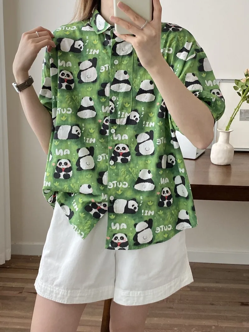 New Spring Cotton Cartoon Printed Shirt Women Lapel Short Sleeve Blouse Girl Casual Sweet Chic Loose Top 2024 Autumn T45414QC