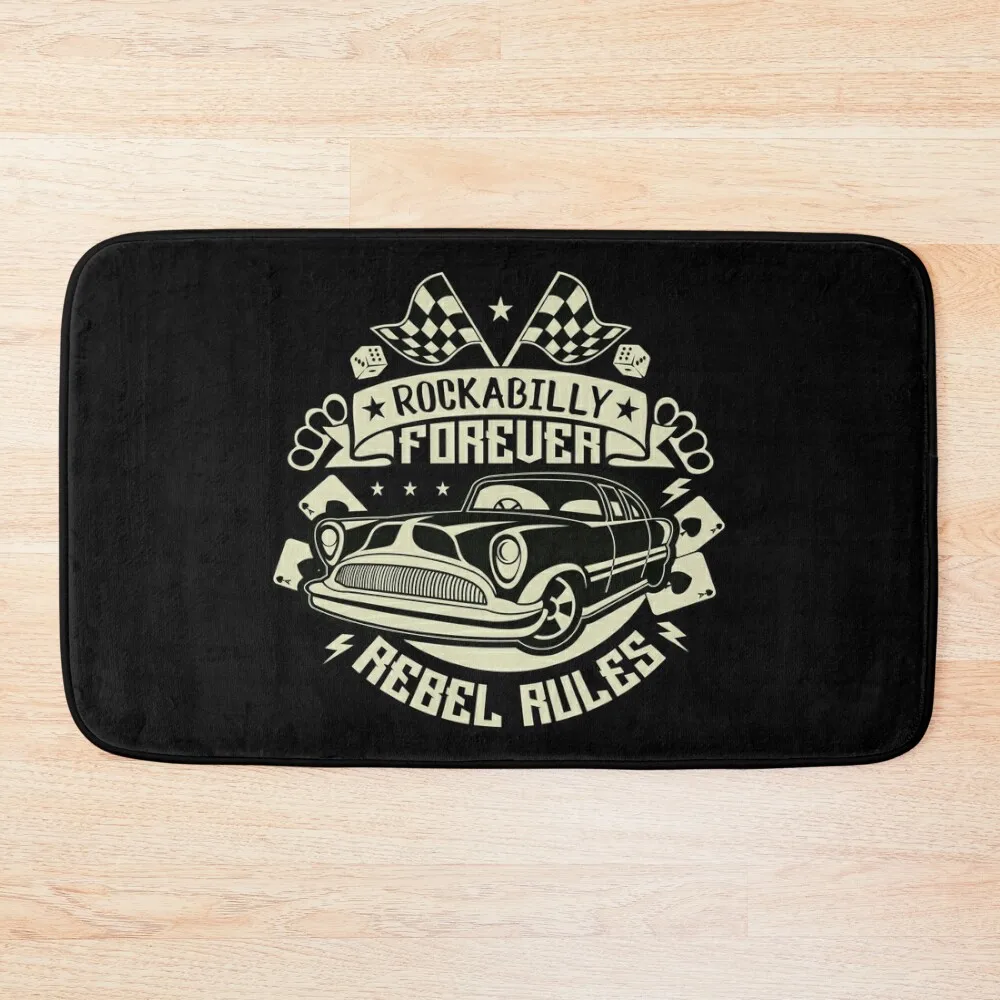 

Rockabilly Retro 1950s 60s 70s Vintage Hotrod Classic Rock and Roll Bath Mat Bathroom Shower Toilet Floor Mat