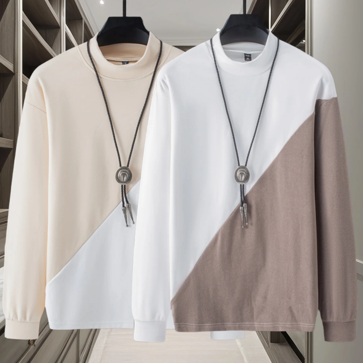 

Мужская двусторонняя вельветовая футболка с длинным рукавом, воротником-стойкой, в стиле пэчворк, с цветными блоками, теплая базовая рубашка, повседневный стиль, осень-зима