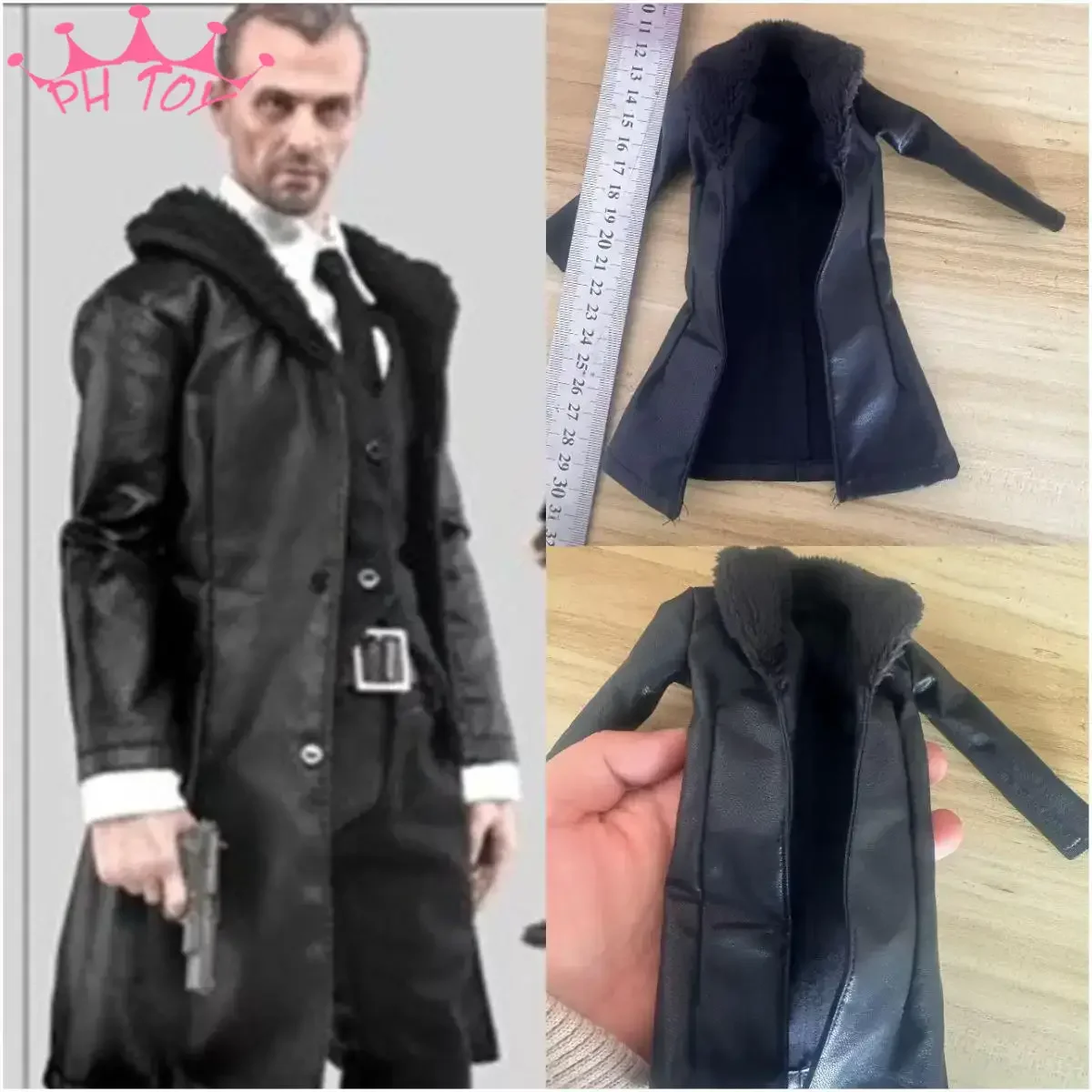 Black 1/6 Scale Man Pu Leather Windbreaker Long Coat Jacket Furry Collar Overcoat Clothes Model for 12in Action Figue Accessory