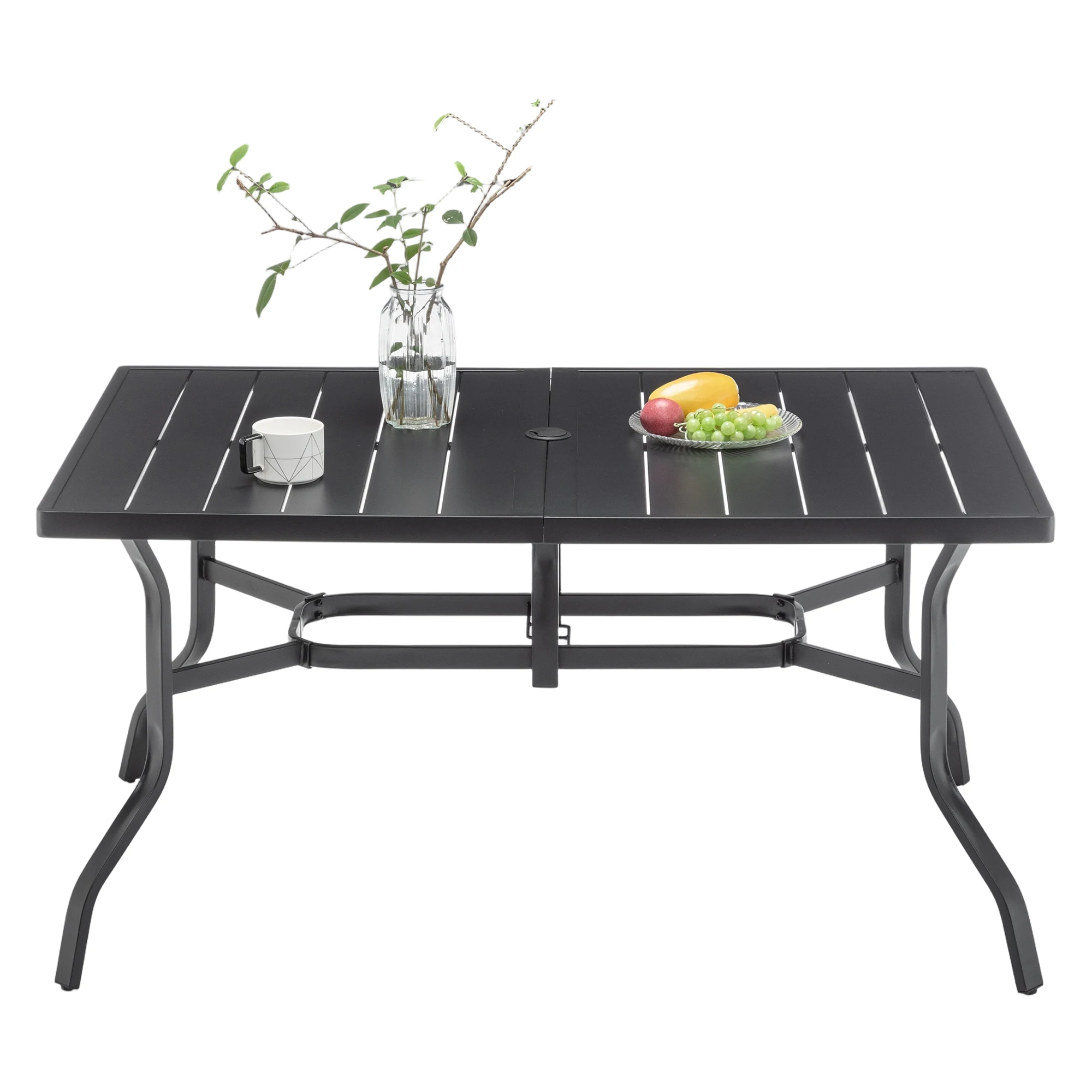 6 Person Powder Coated Steel Outdoor Dining Table 2.16 Inch Umbrella Hole Anti Slip Pads E Coating Frame All Weather Black Patio