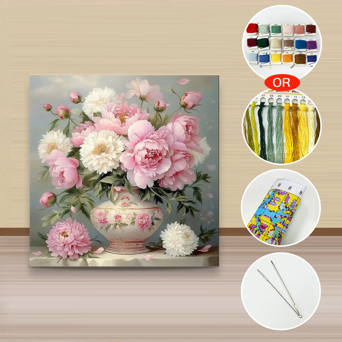 1 Stück 40x40 cm/15,74 Zoll, 11Ct/14Ct Kreuzstich-Set, DIY Valentinstagsgeschenk, Stickerei-Set für Festlichkeiten, Pfingstrosen in Porzellanvase – Detail 3