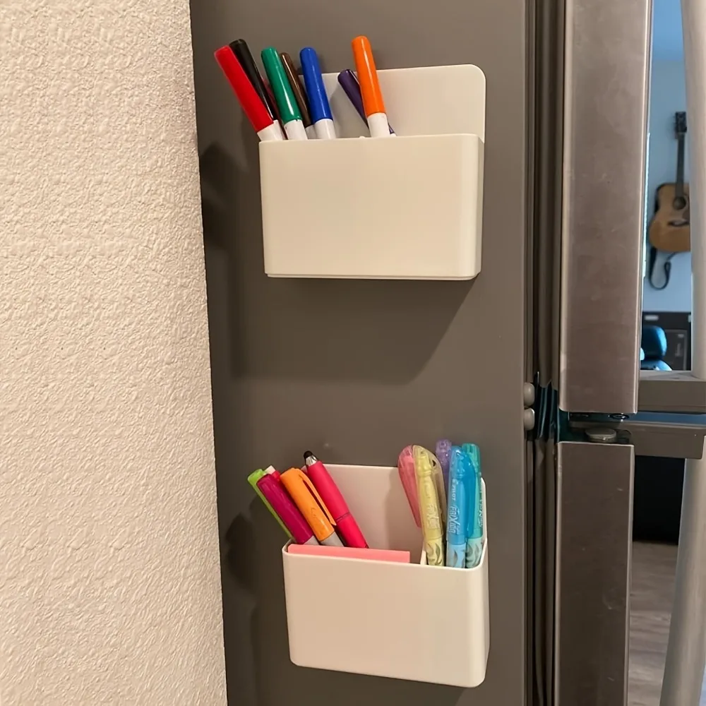 1/2pcs Magnetic Pen Holder with Strong Base, Whiteboard Marker Storage Box, Fridge Organizer for Office Workshop School