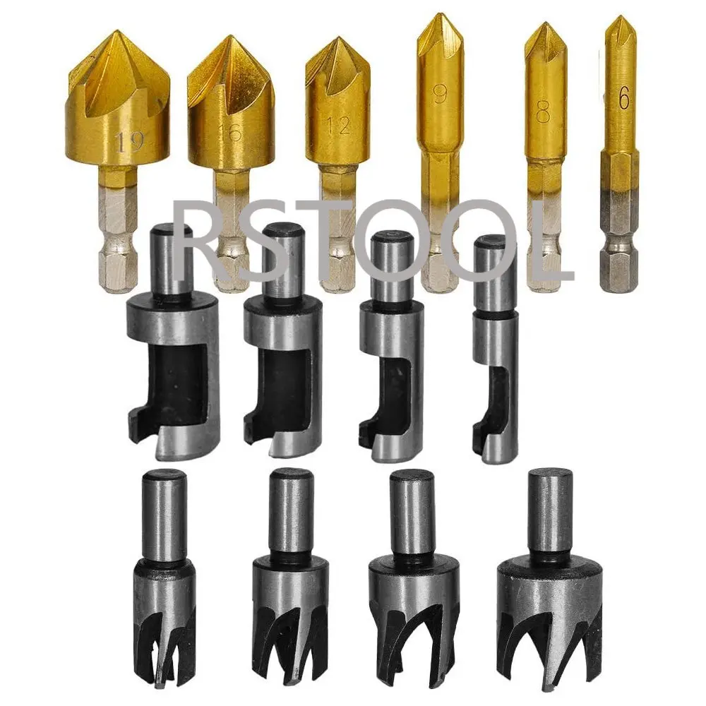 8 pces 5/8 "1/2" 3/8 "1/4" plugue de madeira aço carbono cortador broca conjunto 6 pces 1/4 "hex haste 5 flauta 90 graus broca do dissipador