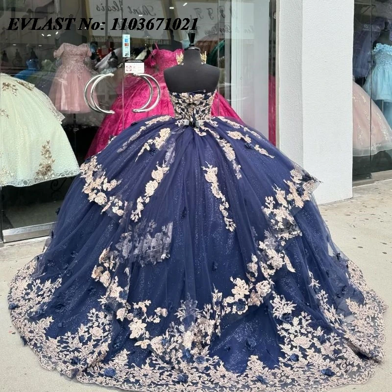 EVLAST-vestido De quinceañera azul marino De princesa, vestido De baile De quinceañera, Apliques De encaje dorado, cristales De cuentas, dulce 16, 15 años, SQ84