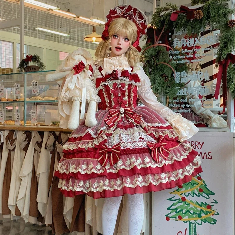 Przemysł ciężki elegancka wspaniała księżniczka sukienka na przyjęcie urodzinowe 3D kokarda kwiat diamentowa koronkowa siatka łączenie Lolita Jsk sukienka damska