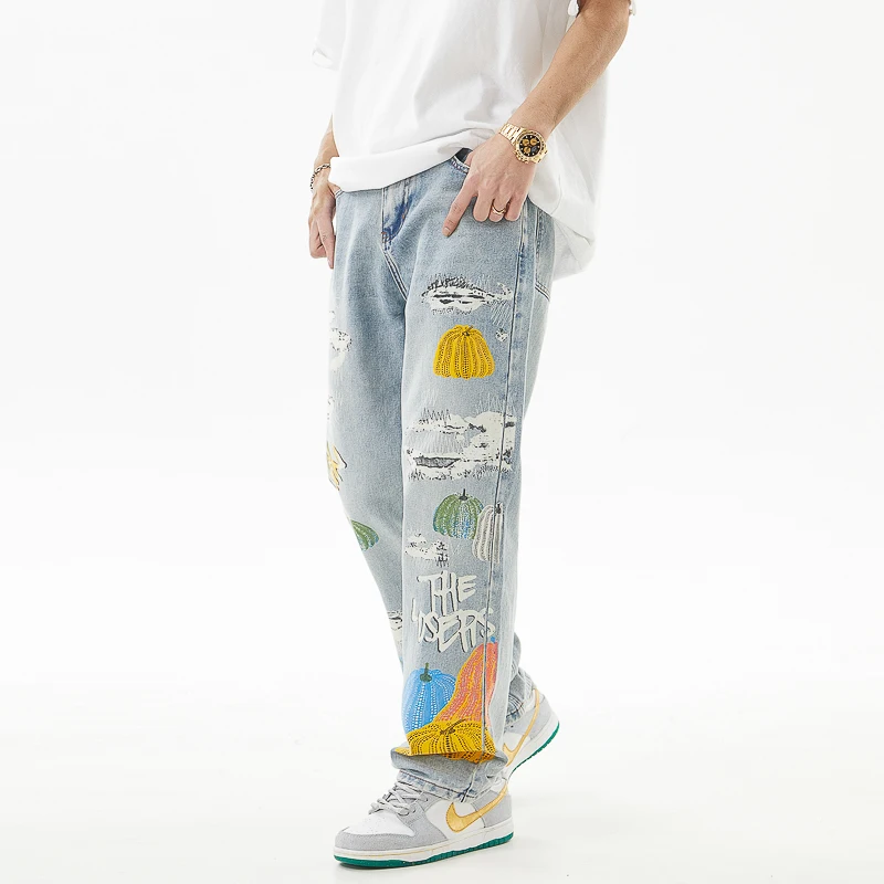 Men's trend personality loose straight wide-leg trousers street hip-hop printed jeans casual retro high-end washed trousers